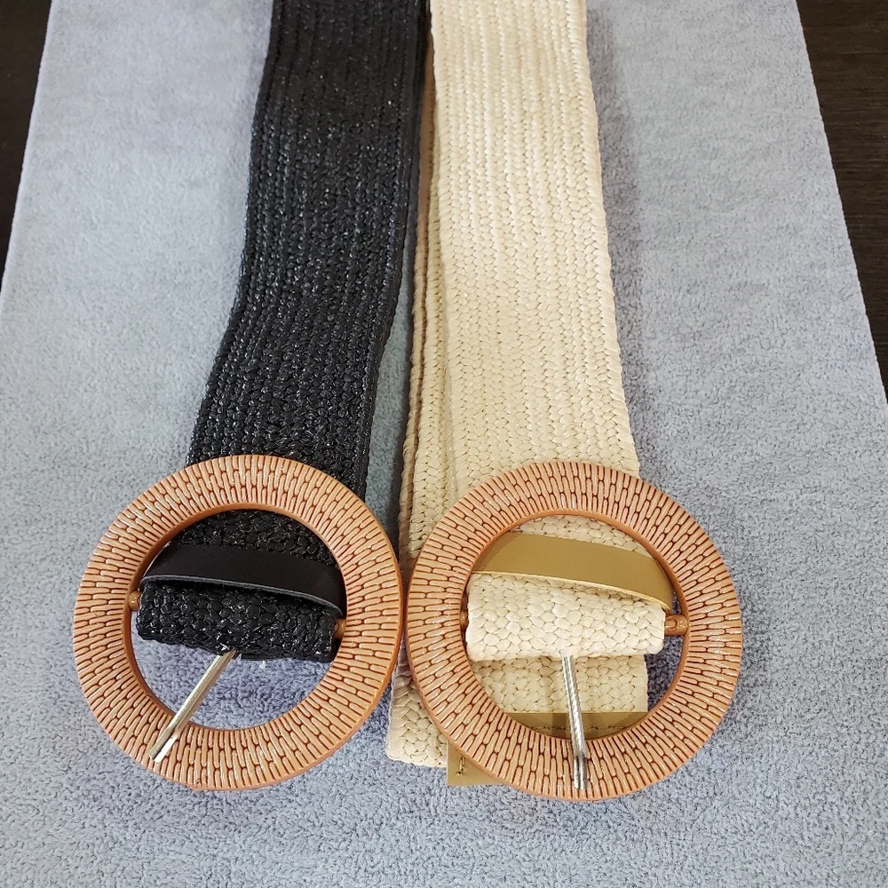 2Pcs Buckle Braided Straw Belts